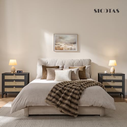 Image of SICOTAS Nightstand Set of 2 with Drawers, Rattan Nightstands, Large Modern Boho Night Stand Wide Bedside Tables for Bedroom