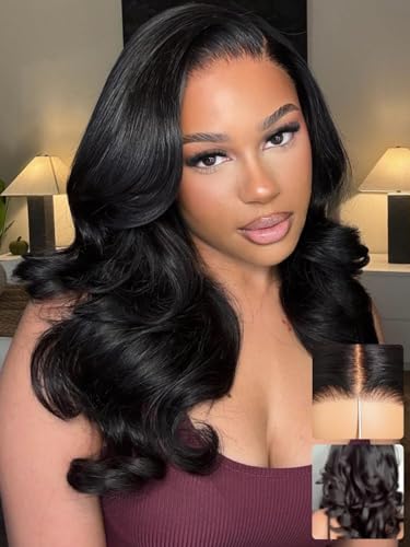 Image of KLAIYI Pre Everything Glueless Layer Side Part Loose Body Wave 13x4 Lace Front Wigs Human Hair Drawstring Curtain Bangs Face framing Pre Bleached Knots Pre Plucked 3S Ready to Put On and Go Wig 24Inch