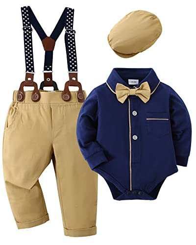 Image of YALLET Baby Boy Clothes Set Infant Tuxedo Long Sleeve Gentleman Suit Outfits + Beret Hat + Suspender Pants + Bowtie 0-18M