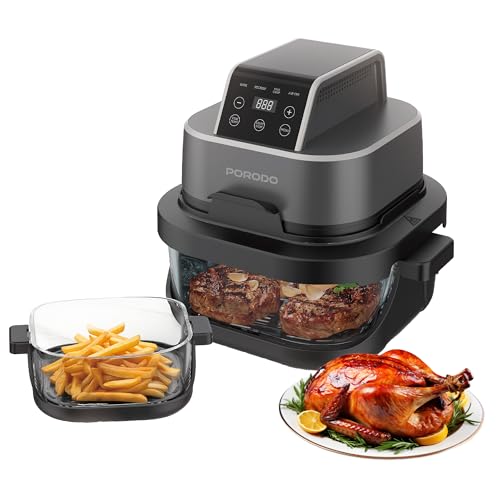 Porodo 4 in 1 Dual Glass Pot Air Fryer, 2x Removable Glass Containers Airfryer, 6 Presets Cooking Option Fryer, Digital Display Air-Fryer with Rapid Air Technology, Dual 5.5L Compact Size and 1500W