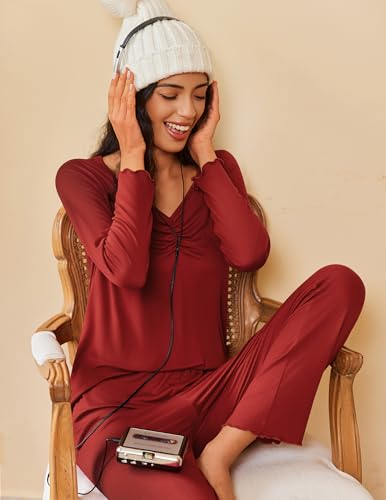 Image of Ekouaer Womens 2 Pack Pajama Set Long Sleeve Pajamas Top and Pants V Neck Pjs Set Soft Sleepwear Loungewear