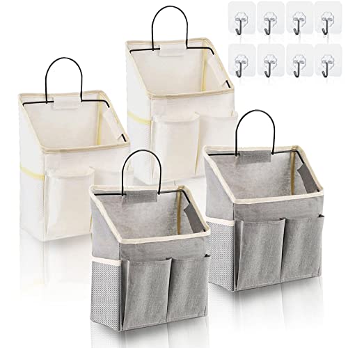 4 Pack Wall Hanging Storage Bag Fabric Hanging Bag Organizer with 4 Pockets, Wall File Organizer with 8 PCS Sticky Hooks for Bathroom Dormitory Office Rv Storage and Organization (2 White+2 grey)
