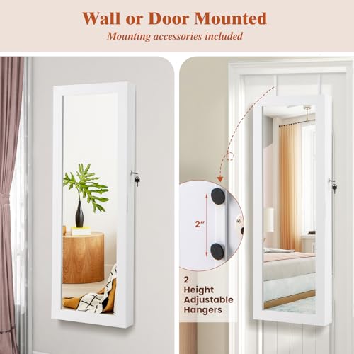 Giantex Jewelry Armoire Wall Door Mounted, Lockable Jewelry Cabinet with 42.5'' Full Length Mirror, 2 LEDs Jewelry Organizer Box with 2 Drawers, Mirror with Jewelry Storage (White)
