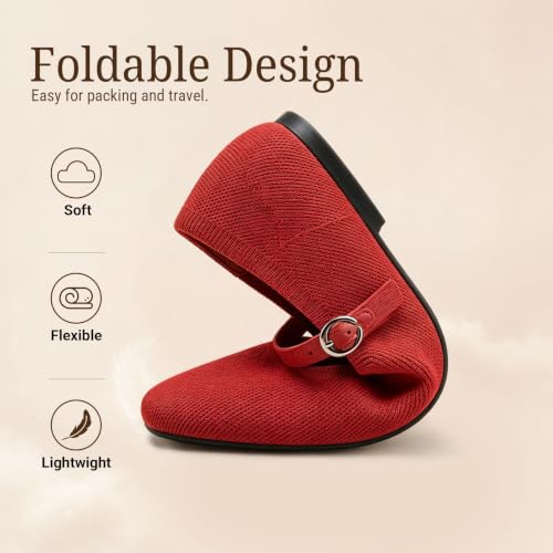 Image of FITORY Flats for Women, Mary Jane Ballet Square Toe Knit Ankle Strap Shoes | Memory Foam, Comfortable, Foldable, Washable, Office, Dressy, Casual, Daily, Walking