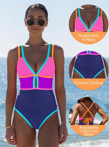 Image of popvil Women One Piece Swimsuit 2026 Tummy Control Sexy Cutout Neon Color Block Bathing Suit Slimming Adjustable Swimwear