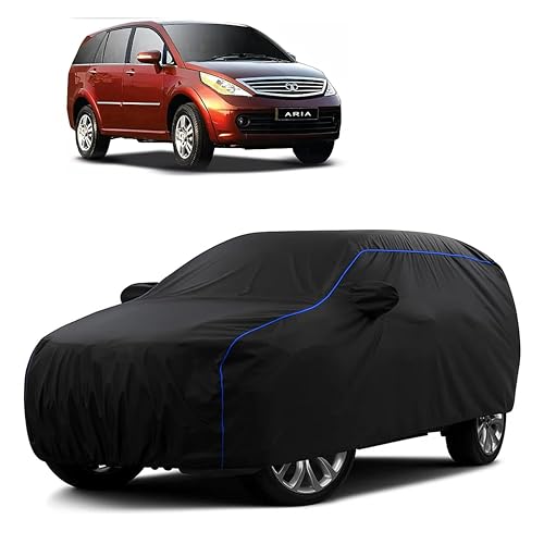 Image of Sulfar 100% Water Resistant Car Body Cover Compatible with Mirror for Tata Aria (Triple Stitched, Full Bottom Elastic, Black Tafetta with Blue Piping)