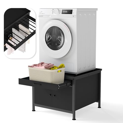 HIDODO Washer and Dryer Pedestals, 29” Heavy Duty Laundry Pedestal with Storage Cabinet and Laundry Basket Shelf, Universal Washing Machine Stand, 700 LBS Capacity, Black