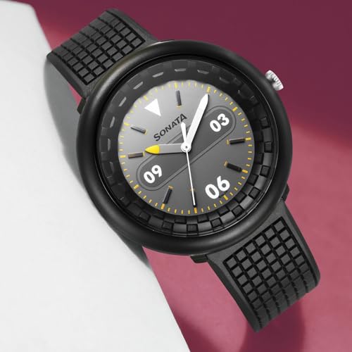 Image of Sonata Excl Fkt (F1 Plastics) Plain 3 Hands Grey Round Dial Black A1Polyurethane Strap Men's Watch - 77121PP03W