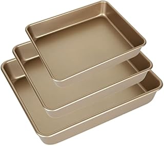 ASelected 3 Pcs Non Stick Oven Baking Tray set, Rectangle Heavy Duty Carbon Steel Oven Tray, PFOA Free Roasting Tin Pans for Baking Food, Gold - Dishwasher Safe