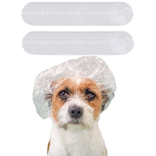 100 Pcs Dog Shower Cap Dog Ear Covers for Bathing Disposable Pet Shower Caps Plastic Overhanging Dog Ear Protection Cats Ear Drops Guard for Kitten Puppy Small Pets Bath Clear Waterproof (100 Pcs)