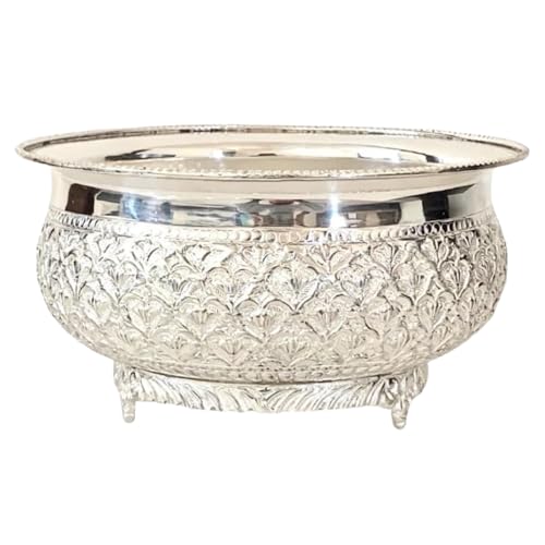 Image of Decorative Brass Chitai 8 inches German Silver Urli Center Table Flower Bowl | Urali for Mandap, Haldi, Mehendi, Wedding, Reception Decor | Large Size 1500ml