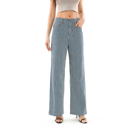 Women's High Waist Elastic Waist Wide Leg Pants Striped Straight Jeans Tummy Control Casual Denim Pant with Pocket