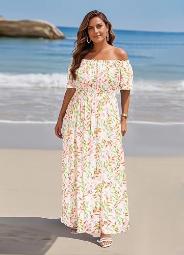 Image of Holipick Women's Off The Shoulder Boho Dress Plus Size Floral Smocked Waist Split Summer Maxi Sundress with Pockets