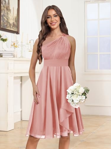 Short One Shoulder Bridesmaid Dresses for Women Chiffon Ruched Ruffles A Line Formal Evening Gown4