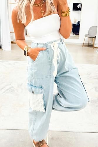 Urchics Womens Casual Pants Beau Blue Gypsy Denim Lace Pockets Patched Light Wash Drawstring High Waist Jogger Pants4