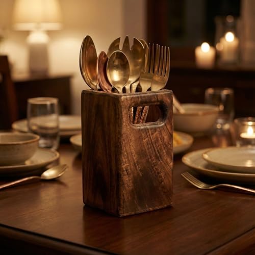 Image of Wooden Cutlery Holder Stand 4x4x6 Inch | Mango Wood Spoon Fork Organizer for Kitchen Counter | Dining Table Utensil Stand | Rustic Wooden Storage Rack | Housewarming Gift (4x4x6 Inch)