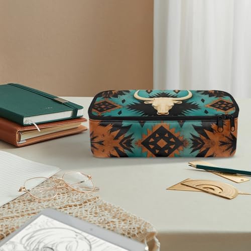 Image of Aztec Western Sheepshead Pencil Case for Kids Large Pencil Pouch for Boys Girls Lightweight Pencil Container for Children 3-18 Pencil Bag for Travelling Camping Hiking Handbag