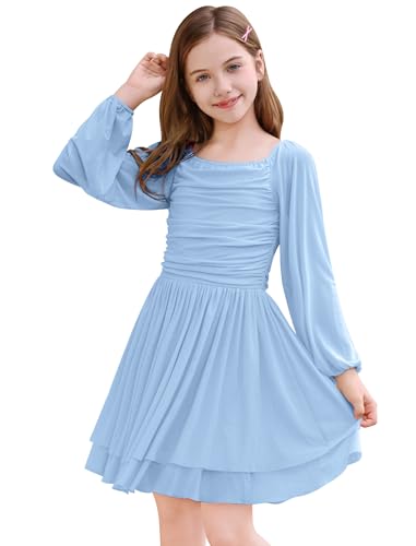 ODIZLI Kids Girls Mesh Long Sleeve Ruched Double Layered Ruffle A Line Party Dress Square Neck Fall Casual Tween Dresses