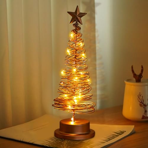 Kleiner Weihnachtsbaum mit Beleuchtung, Weihnachtsdeko Metall Mini Weihnachtsbaum mit Lichterkette, LED Weihnachtsdeko Tisch Weihnachtsbaum mit Stern, Modern Weihnachtsbeleuchtung Lichterbaum (Gold A)