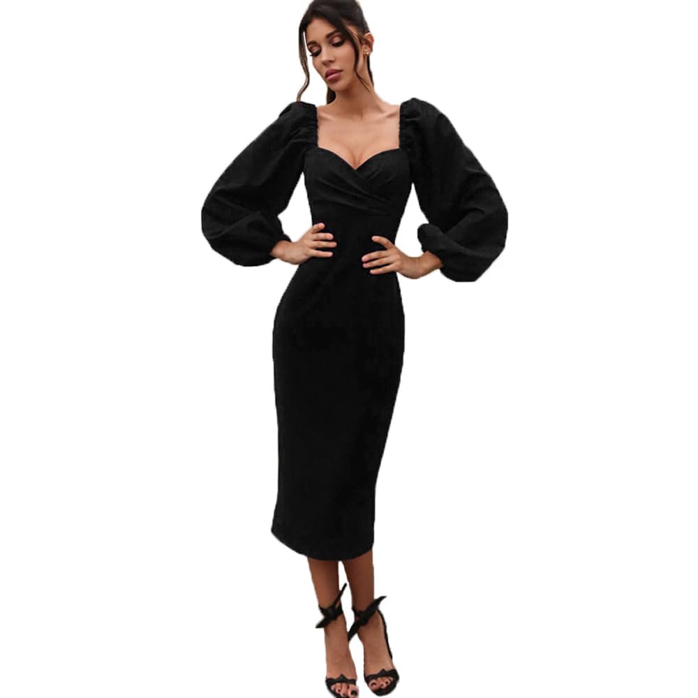BKEPDY Vestido Manga Larga Cuello en V para Mujer Vestidos Hombros Descubiertos Vestido Ajustado Puff Elegante Vestido de Noche Acampanado para Cóctel Formal Fiesta
