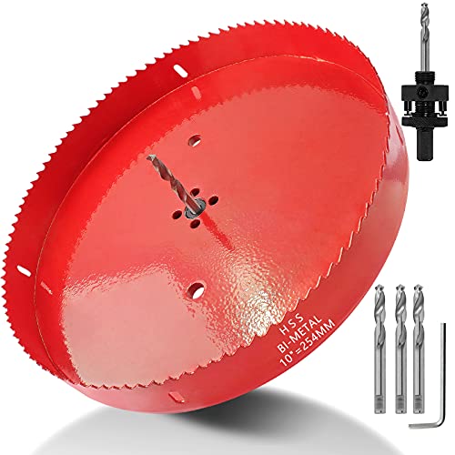 Image of Luomorgo 254mm /10 inch Hole Saw with Arbor, 1 1 /4 inch Cutting Depth HSS Bi-Metal Hole Cutter for Wood Cornhole Boards Plastic Drywall & Metal Sheet