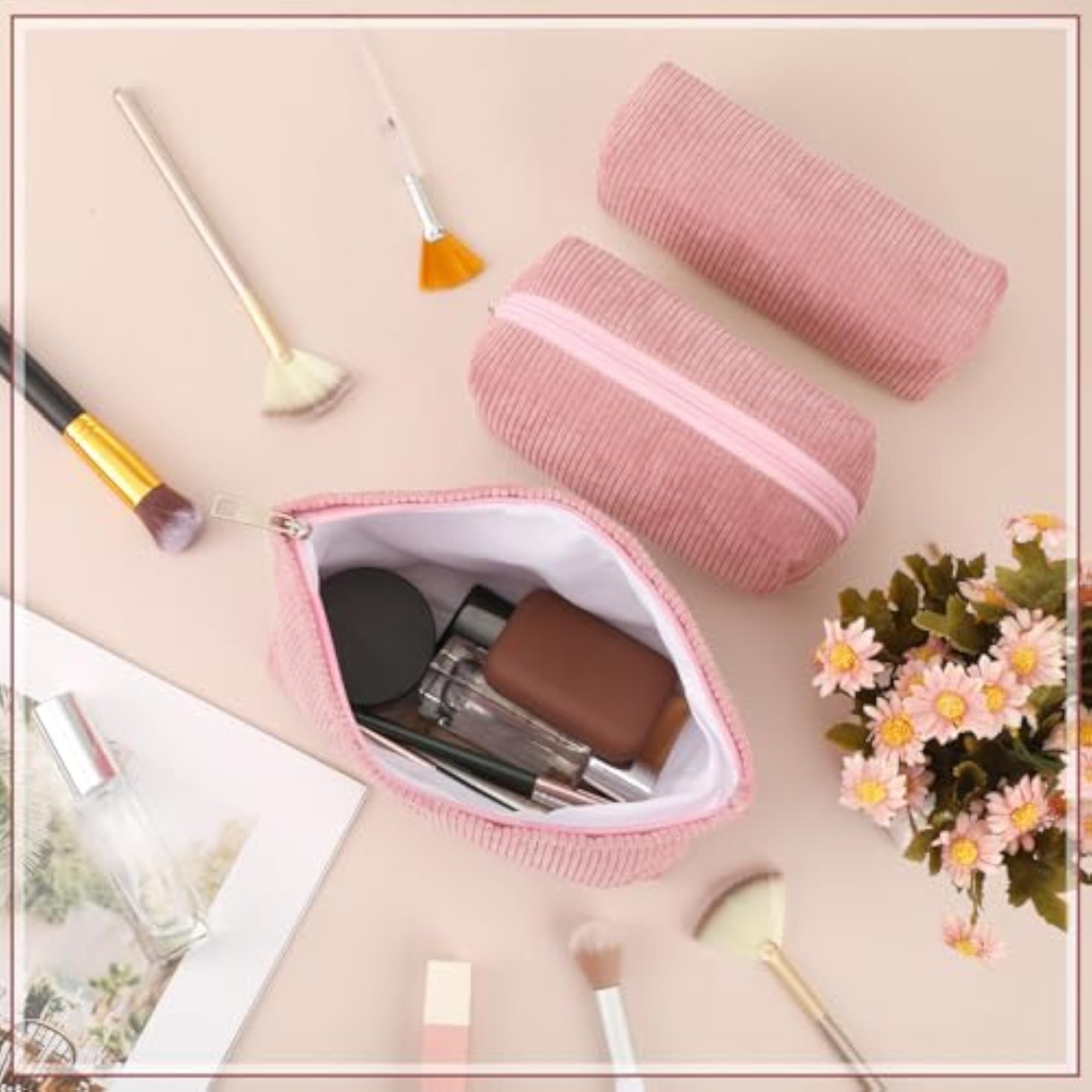 3 Pcs Makeup Bag Aesthetic Corduroy Cosmetic Set