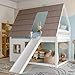 EINHOM Kinderbett 140x200 cm, Etagenbett mit Dach, Leiter und Rutsche, Hausbett mit Rausfallschutz, Lattenrost aus Holz, MDF+Kiefer, Weiß+Braun, Ohne Matratze