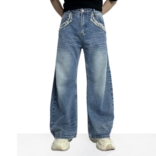 Mens Y2K Skater Wide Leg Jeans Zipper Frayed Pockets Fashion Blue Baggy Trousers2