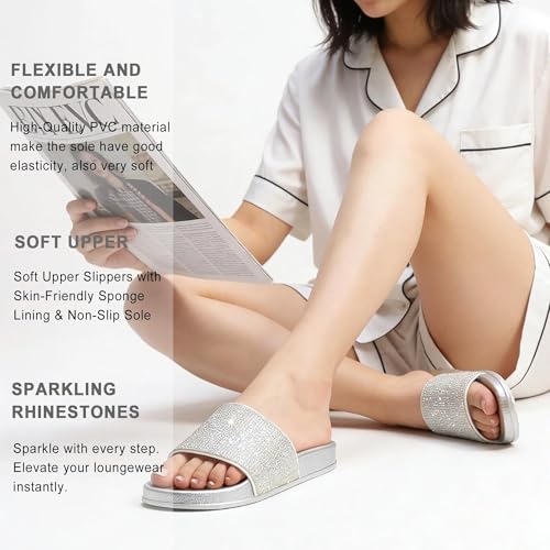 Image of Fur Story Womens Slides House Slippers Rhinestone Glitter Slides Cute bling Flat for Women Platform Sandals Cozy Bedroom Slippers Shower Shoes