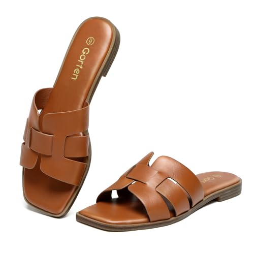 Gorfen Women's Dressy Flat Sandals Brown Leather S