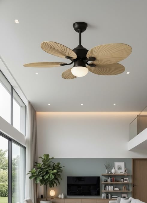 Image of 52 Inch Wind Palm Leaf Ceiling Fan with Light-Reversible Motion-Remote Control for Kitchen, Cafes, Hotels, Dining, Bar|Tan-Wooden with Lamp