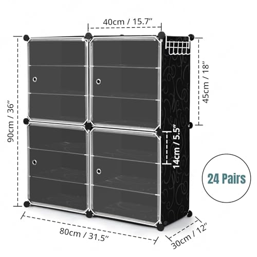 Image of ABOUT SPACE Plastic Shoe Rack Organizer-12 Layer Shoe Stand with Hanger&Door for Home-DIY 24 Pair Portable,Expandable 4 Cube Shoe for Boots,Heels,Slipper for Women,Men,Outdoor (Black)
