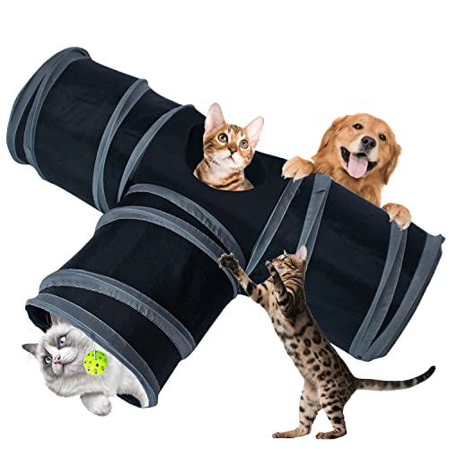 Tunel Juego para Gatos 3 Vías, Tunel Plegable para Conejos Gatos, 75 x 50 x ø25cm Juguete Tubo para Mascotas, T Tunel Gato con Pelota Colgante y Mirilla, para Interior y Exterior (Negro)