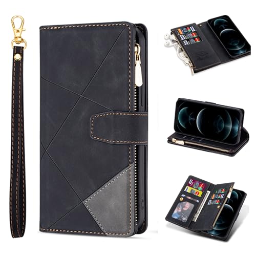 Étui iPhone 15 Pro Max noir housse cuir PU avec fente carte bancaire et sangle de poignet