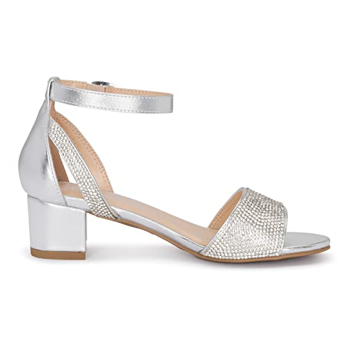 Chariot & Co -Slide-Iis- Girls/Kids/Children Rhinestone Open Toe Ankle Strap Block Party/Event/Dance Heeled Sandals (Silver, 3) #TOP2
