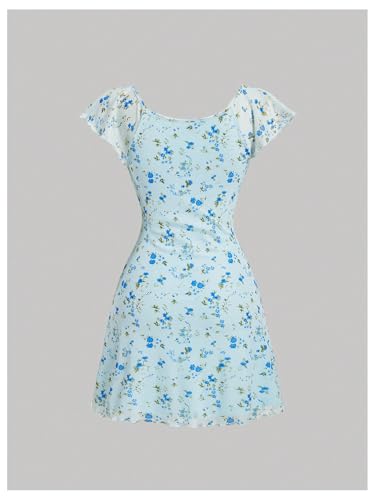 Image of Floerns Women's Floral Print Cap Sleeve Dress Square Neck Tie Front Summer A Line Cute Mini Dresses Blue M