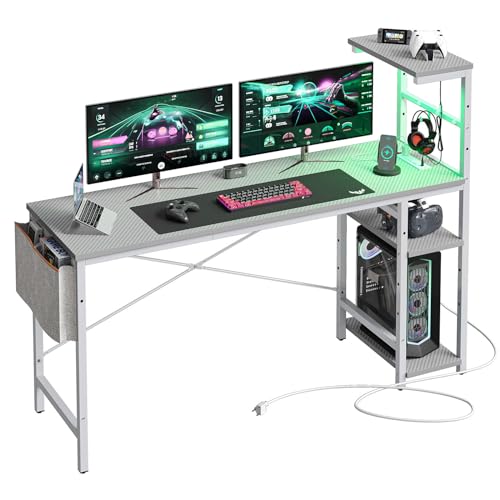 Bestier Gaming Desk with Power Outlets, 61 Inch Large Led Gamer Desk with 4 Tiers Reversible Shelves, PC Gaming Table with Headset Hook & Side Storage Bag for Bedroom (Grey 3D Carbon Fiber)