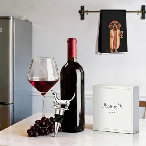 Image of Hanamiya Na Funny Dachshund Kitchen Towels with Wine Bottle Stopper 24x14 Inch, Dachshund Gifts Reusable Dish Towels for Kitchen Bars Decor, Wine Gift Weiner Dog Gifts for Women Men