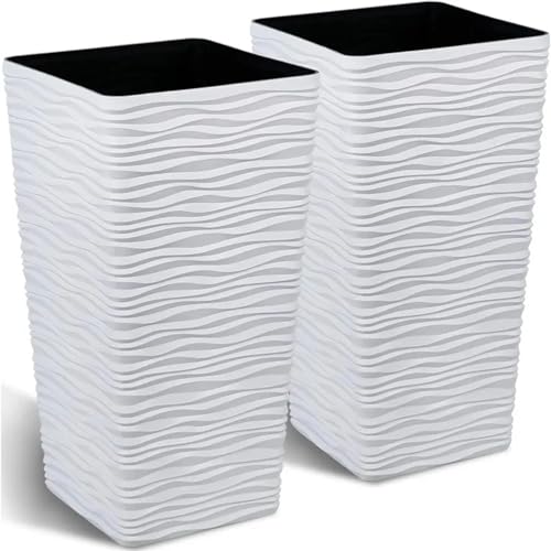 Paquete de 2 maceteros altos negros – Macetas cuadradas de plástico cónicas for interiores y exteriores – 22 pulgadas de alto – Moderno acabado ondulado decorativo para plantas de jardín de interior y