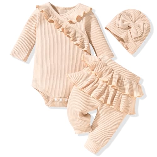 Image of fioukiay Preemie Newborn Baby Girl Clothes Infant Girl Solid Ribbed Outfits Ruffle Romper and Pants 3PC Clothing Sets