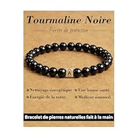 Landorilo Bracelet de Pierre Naturelle pour Femme et Homme, Bracelets à Initiales, Tourmaline Noire 6mm avec Perles Alphabet en Argent 925, Cadeau de Saint-Valentin, Noël, Anniversaire. A