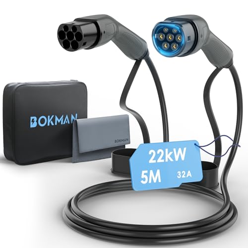 bokman Type 2 Câble de Recharge Voiture Electrique PHEV, Mode 3 / 32A / 22kW / Triphasé / 5 mètres, Câble de Charge Rapide Hybride Plug-in de Voiture de véhicule électrique de Type 2 de Type 2