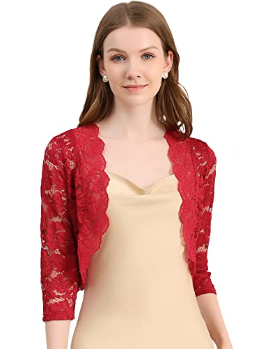 Allegra K A21031600UX0352 Women'S Elegant 3/4 Sleeve Sheer Floral Lace Shrug Top Small Deep Red cover