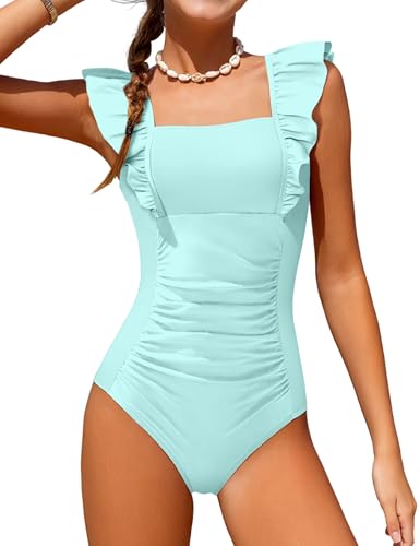 Image of NECIOUS Girls Swimsuit Ruffle Adjustable Straps One Piece Bathing Suit Solid Color Ruched Girls' Swimwear 9-16Y