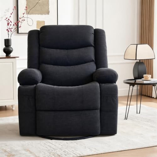 Image of Swivel Rocker Recliner Chair, Manual Recliner Single Sofa with Cup Holders, Chenille Fabric, Modern Nursery Rocking Chair with Side Pocket for Living Room, Apartment, Black