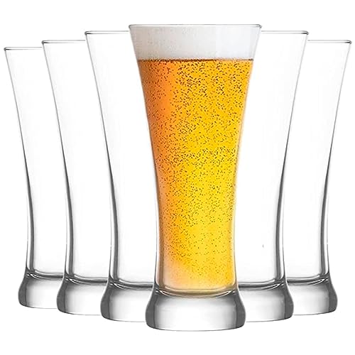 Tradineur - Set de 6 vasos de cristal para cerveza, modelo Sorgun, base gruesa, servir refrescos, licores, agua, aptos para lavavajillas - 18,4 x 8,2 cm - 380 ml