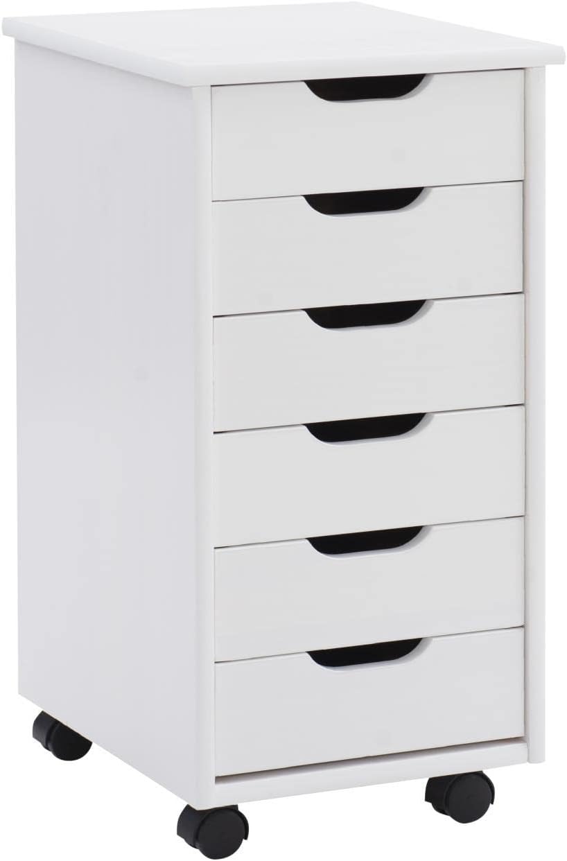 Linon Cary White Wash Roll Cart - Mobile Storage Organizer- 6 Drawer 13.39" W