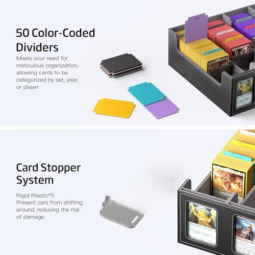 Trading Card Storage Box with Commander Display, 5-Row Deck Case with Removable Lid; 3900+ Cards Deck Box for MTG TCG Sports Card, 5 Toploaders, 5 Stoppers, 50 Dividers,1 Dice Tray (Black)