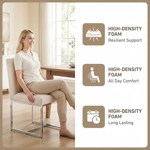 Image of HNY Modern Dining Chairs Set of 4, Upholstered Linen Dining Room Chairs with Ergonomic Back & Polished Silver Metal Frame for Home, Kitchen, Apartment, Cream