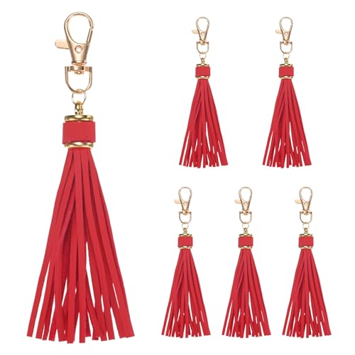 M METERXITY 6-Pack PU Leather Tassel 5.9 Inch Small Keychain Rust Faux Leather Tassels Charm Red with Rings for DIY Crafts/Keychain/Earrings/Bracelets/Necklace